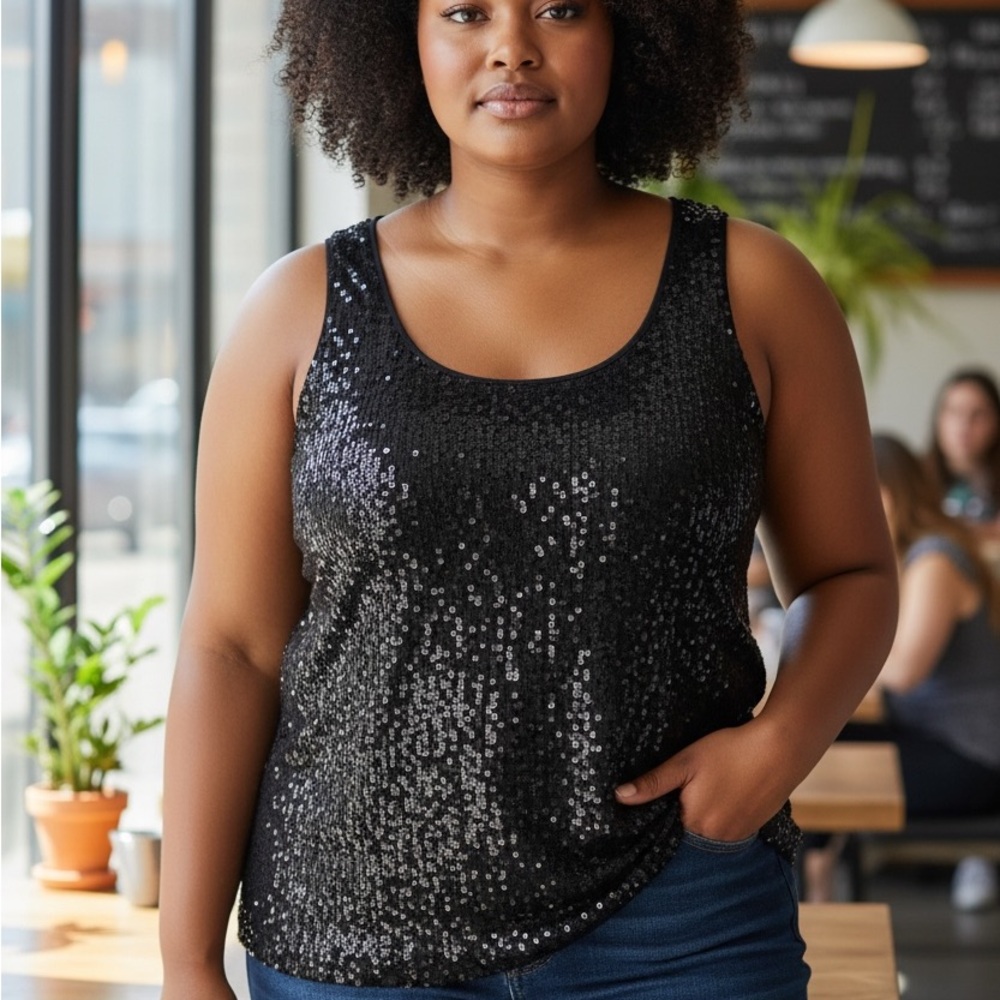 AIROLDI Black Sequin Scoop Neck Tank Top size xxl